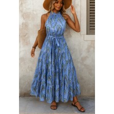 Bi Baksana Kadın Omuzlardan Açık Boyundan Geçmeli Desenli Süprem Bluz