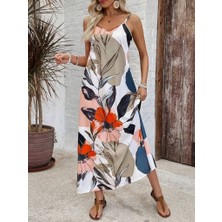 Bi Baksana Kadın Ip Askılı Geniş V Yakalı Desenli Süprem Elbise