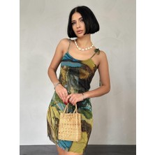 Bi Baksana Desenli Askılı Bastik Elbise