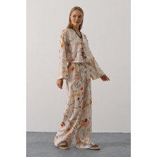 Bi Baksana Çiçek Desen Önü Bağlamalı Pantolon Takım - Taş