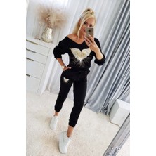 Bi Baksana Kadın Uzun Kollu V Yakalı Desenli Viskon Iki Iplik Bluz ve Pantolon Ikili Takım