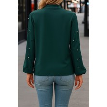 Bi Baksana Kadın Uzun Kollu Yakadan Fiyonklu Incili Ithal Krep Bluz