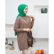 Kadın Kolları Düğmeli Zikzak Desen Merserize Tunik