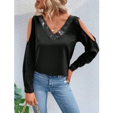 Bi Baksana Kadın Uzun Kollu V Yakalı Omuzlardan Açık Sandy Bluz