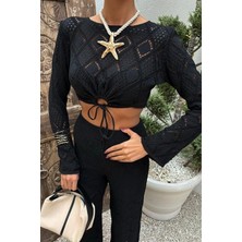 Bi Baksana Göğüs Bağcık Detaylı Ajurlu Bluz Pantolon Takım 10098