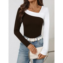 Bi Baksana Kadın Uzun Kollu Geometrik Yaka Detaylı Çift Renkli Viskon Bluz