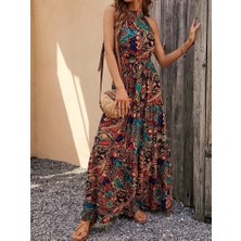 Bi Baksana Kadın Kolsuz Halter Yaka Beli Lastikliotantik Desenli Mikro Kumaş Elbise