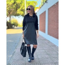 Bi Baksana Kadın Uzun Kollu Kapüşon ve Deri Detay Diz Üstü Elbise