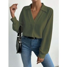 Bi Baksana Kadın V Yaka Uzun Kollu Mosskrep Kumaş Bluz