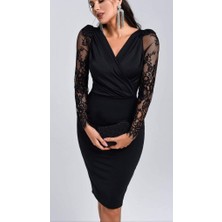 Bi Baksana Kadın Uzun Kollu Kruvaze Yaka Kollar Tül Detay Krep Mini Boy Elbise