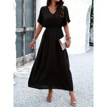 Bi Baksana Kadın Kısa Kollu V Yakalı Beli Lastikli Uzun Viskon Elbise