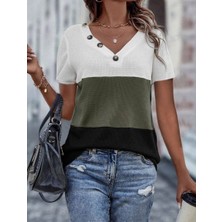 Bi Baksana Kadın Kısa Kollu V Yakalı Düğmeli Waffle Bluz