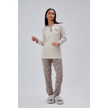Moon Cover Mooncover Kadın Çiçek Nakışlı Yarım Pat Düğmeli Kışlık Pijama Takımı