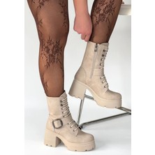 Esftr Linma Bej Nubuk Bağcıklı Topuklu Bot