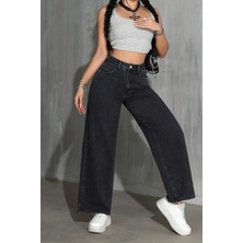 Palazzo Pantolon Koyu Füme Yüksek Bel Geniş Paça Bol Kesim Premium Jeans