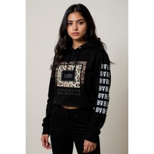Astap Kapüşonlu Crop Sweatshirt Oversize Geniş Kalıp Iki Iplik Şardonsuz