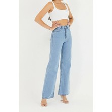 Palazzo Pantolon Buz Mavi Yüksek Bel Geniş Paça Bol Kesim Premium Jeans