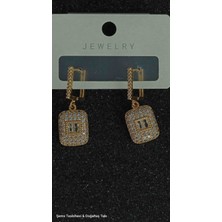 Altın Kaplama Taşlı Dikdörtgen Sallantılı Işıltılı Zirkon Taşlı Şık Kadın Küpe