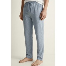 elemge Kareli Modal Elastan Erkek Pijama Altı Rahat Kalıp Regular Fit Cepli Ipli Esnek Mavi-Beyaz Ekoseli