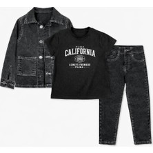 Mini Kanka Erkek Çocuk 3 Parça Kot Takım Ceket Pantolon ve Tişört Seti