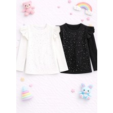 Mini Kanka Kız Çocuk 2’li Takım Uzun Kollu Taşlı Fırfırlı Tişört Bluz Seti