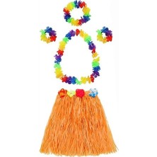 Magicool Yetişkin ve Çocuk Uyumlu Luau Aloha Hawaii Turuncu Etek ve Renkli Kolye Taç 2 Adet Bileklik Seti