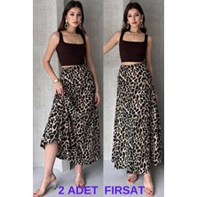 Feville 2'li Leopar Desenli Uzun Bürümcük Kloş Etek