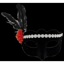 Magicool Siyah Renk Süet Kaplama Gümüş Dantelli Kırmızı Gül Tasarımlı Parti Maskesi 18X20 cm