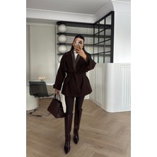 Narstorm Kadın Kemerli Kahverengi Araboy Kol Apoletli Şal Yaka Trençkot