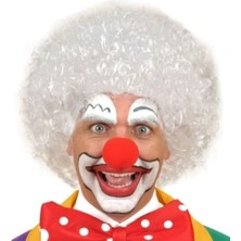 Magicool Beyaz Renk Kıvırcık Afro Bonus Peruk Saç ve Kırmızı Sünger Burun Seti