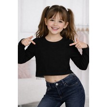 Mini Kanka Kız Çocuk Uzun Kollu Fitilli Crop Tişört Zincir Detaylı Bluzz