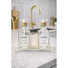 Zürih Collection 2'li Modern Cam Sabunluk Seti Metal Standlı Deterjanlık Seti Şeffaf Cam