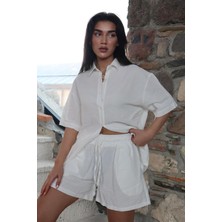 Madmext Beyaz Basic Kadın Şort Gömlek Takım MG2361