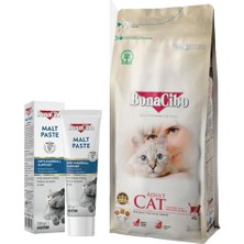 Bonacibo Yetişkin Kedi Bakım Seti: Tavuklu ve Hamsili Kuru Mama 2 kg ve Malt Paste Tüy Yumağı Macunu 100G