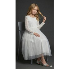 Ayyılmaz Kız Çocuk Abiye Elbise Belden Bağlamalı Uzun Kollu Ekru