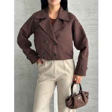 Narstorm Kadın Acı Kahve Crop Kısa Model Premium Trençkot