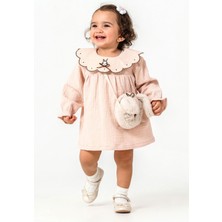 Miniğimin Cicileri Minigimin Cicileri Yaka Tavşan Nakışlı Kız Çocuk Elbise Çantalı 2'li Takım - Somon