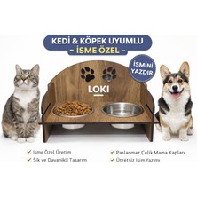 Hayke Kişiye Özel Ahşap Kedi Köpek Mama Kabı | Isim Yazılabilir Çift Hazneli Mama Standı