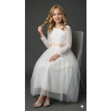 Ayyılmaz Kız Çocuk Abiye Elbise Belden Bağlamalı Uzun Kollu Ekru