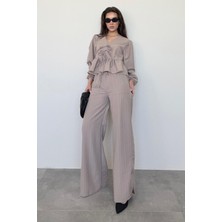 Madmext Camel Önü Bağlamalı Bluz Pantolon Takımı MG2343