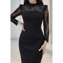 Kadın Uzun Kollu Balıkçı Yaka Dantel Detaylı Midi Ithal Krep Elbise