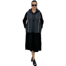 DARKWIN Büyük Beden Kadın Uzun Kollu Elbise Kapitone Kapüşonlu Yelek Üçlü Takım