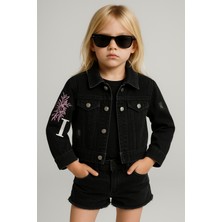 Mini Kanka Unisex Çocuk Siyah Denim Crop Ceket Nakış ve Yıpratma Detaylı Modern Tasarım
