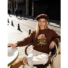 Dune Bloom Art Oversize Pamuk 3 İplik Şardonlu Kahverengi SweatShirt