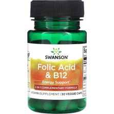 Swanson Folic Asid & B12 Energy Support 2\'si 1 Arada 30 Veg Caps.