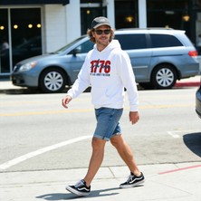 1776 America Freedom Oversize 3 Iplik Şardonlu Pamuk Baskılı Beyaz Kapüşonlu Sweatshirt