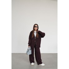 Özge Özgenç Kapüşonlu Oversize Triko Hırka Pantolon Takım