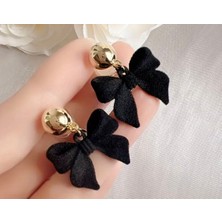 İTHAL Kadife Fiyonk Detaylı Vintage Küpe, Siyah, Altın Rengi Top Detaylı