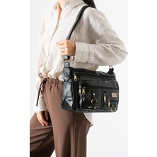 Duomino Siyah Yıkama Deri Çok Cepli Çapraz Çanta / Omuz Çantası / Postacı Çanta