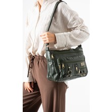 Duomino Yeşil Yıkama Deri Çok Cepli Çapraz Çanta / Omuz Çantası / Postacı Çanta